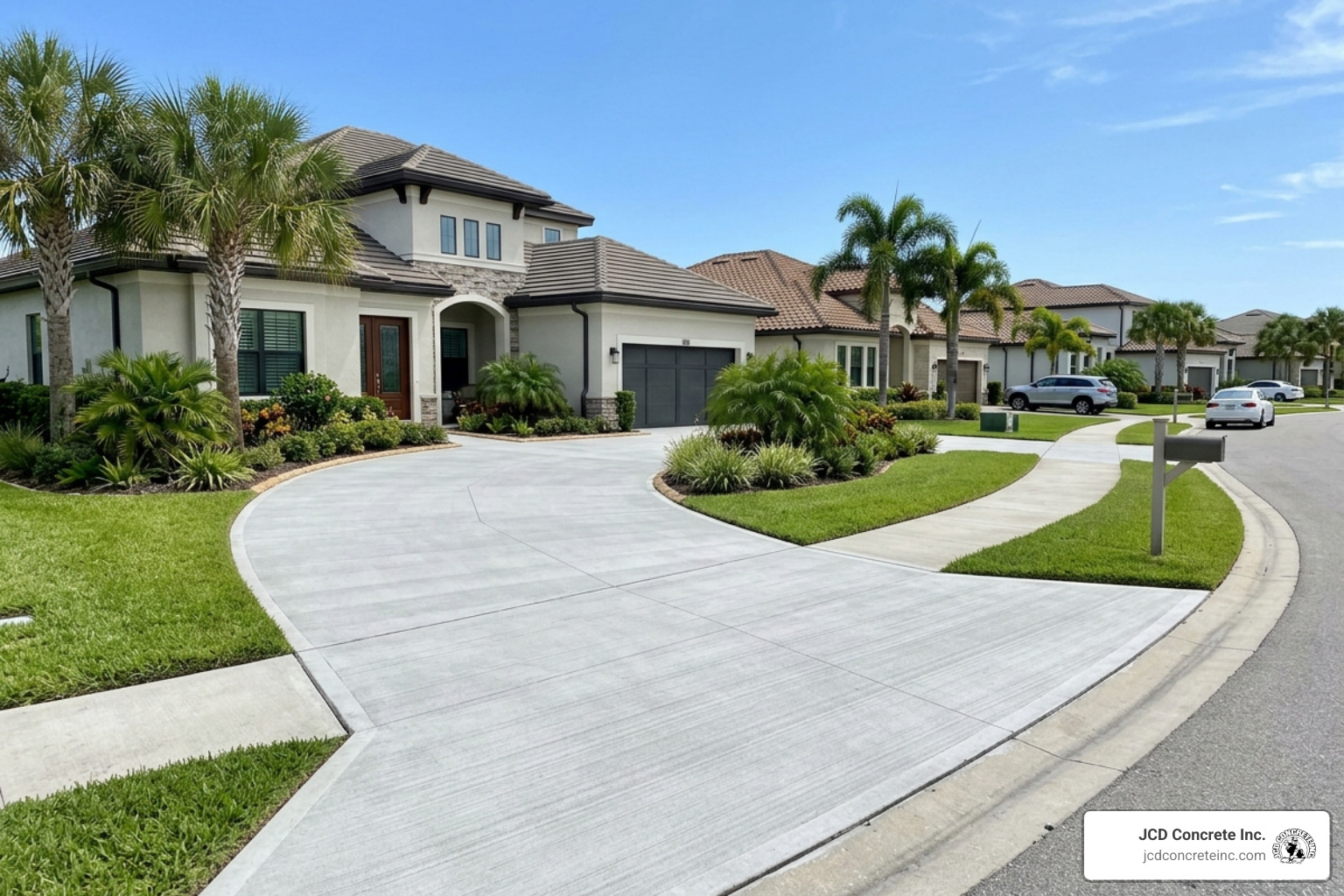 A clean, professional broom-finish concrete driveway in a Viera residential neighborhood - concrete driveway Melbourne FL