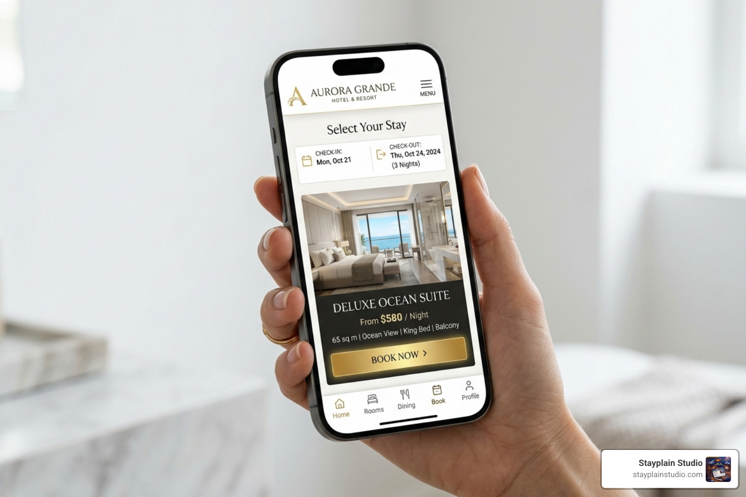 mobile-responsive booking interface on a smartphone - luxury hotel website design