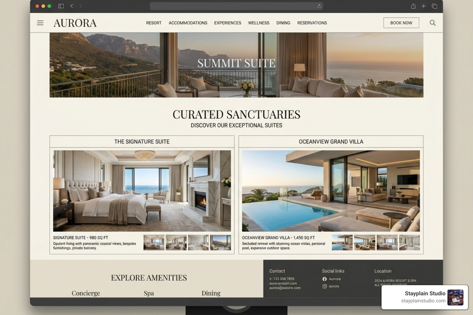 minimalist hotel interface showing high-end room galleries - luxury hotel website design