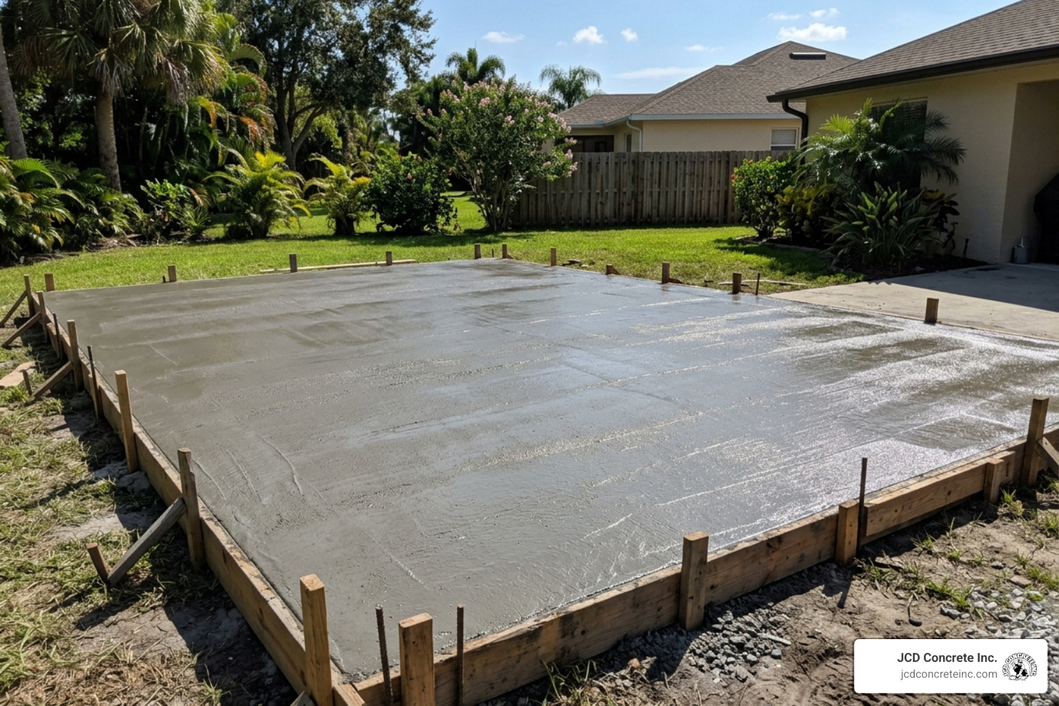 A freshly poured 5000 PSI concrete slab in a residential backyard - concrete patio installation costs