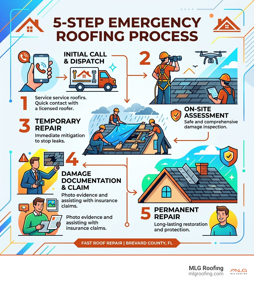 5-step emergency roofing process from initial call to permanent repair - fast emergency roof repair infographic 5-step emergency roofing process from initial call to permanent repair - fast emergency roof repair infographic