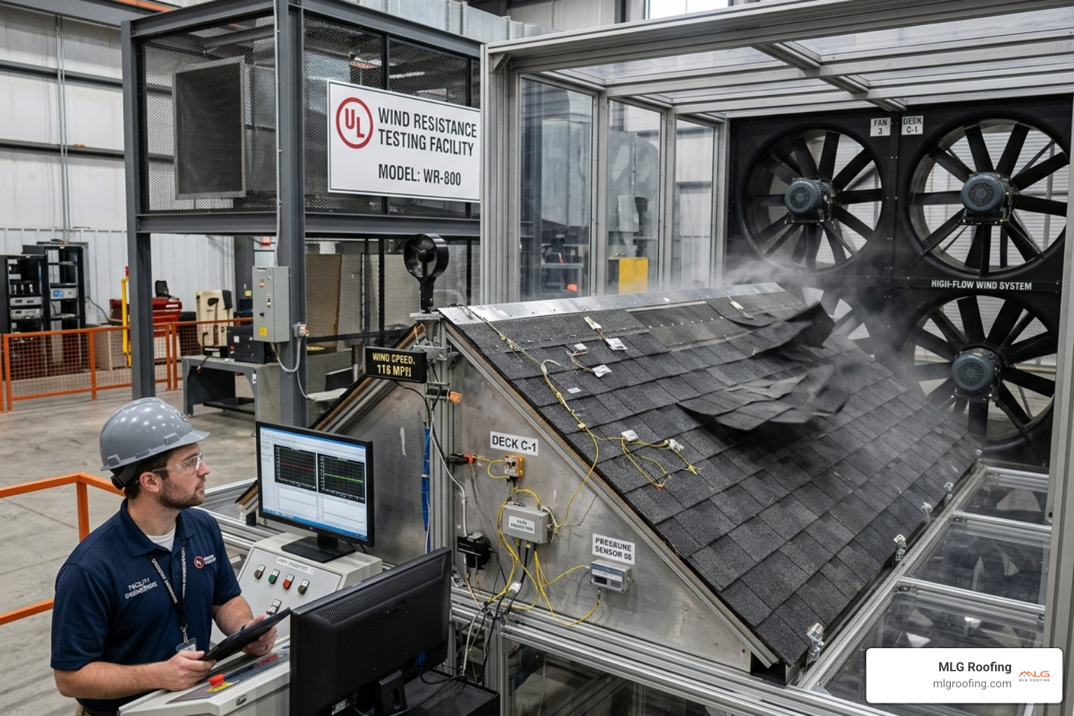 Asphalt shingles undergoing high-wind laboratory testing - charcoal gray shingles