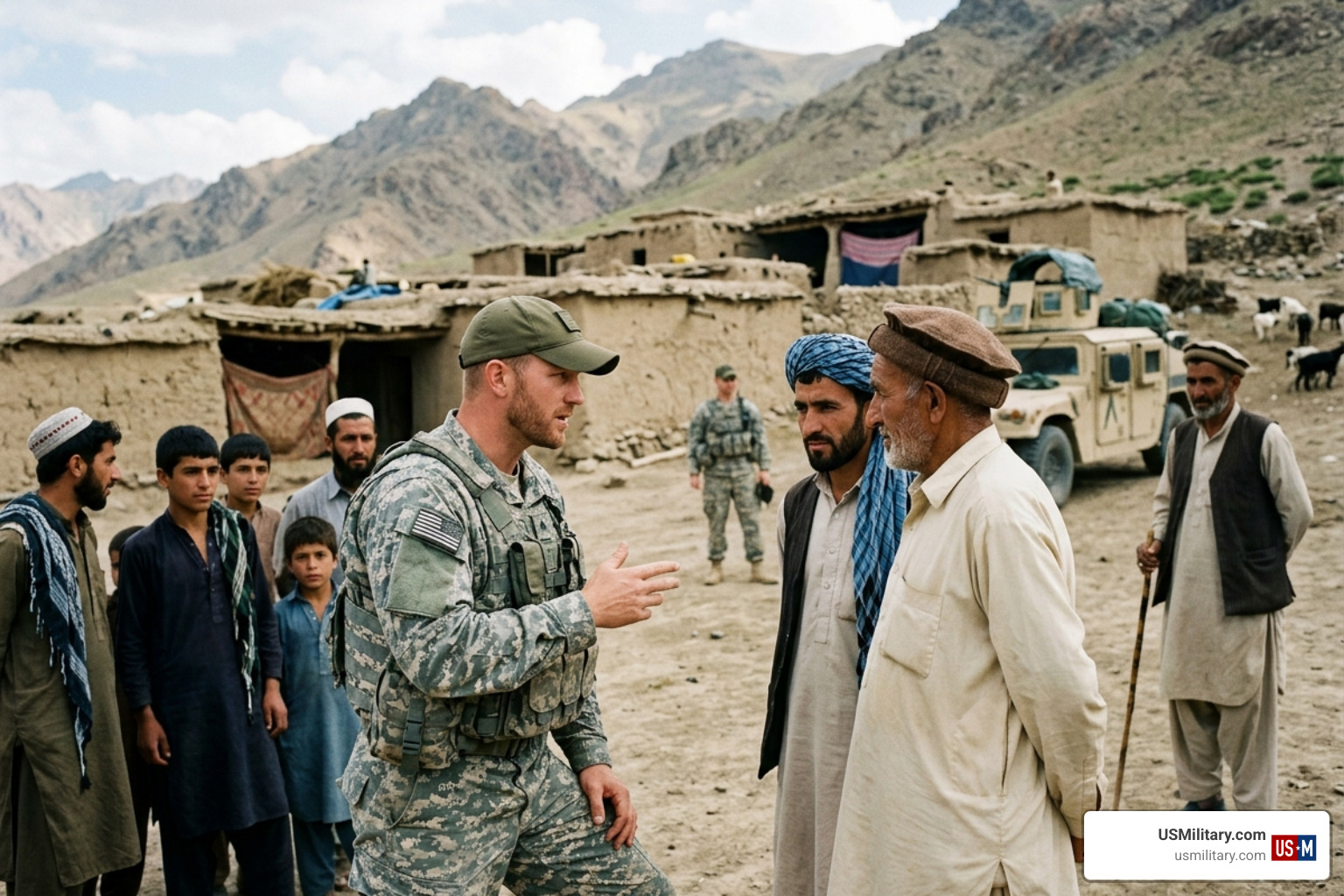 A Green Beret advising indigenous forces in a remote village - Army Green Beret, Delta Force, Air Force PJs, Navy SEALs A Green Beret advising indigenous forces in a remote village - Army Green Beret, Delta Force, Air Force PJs, Navy SEALs