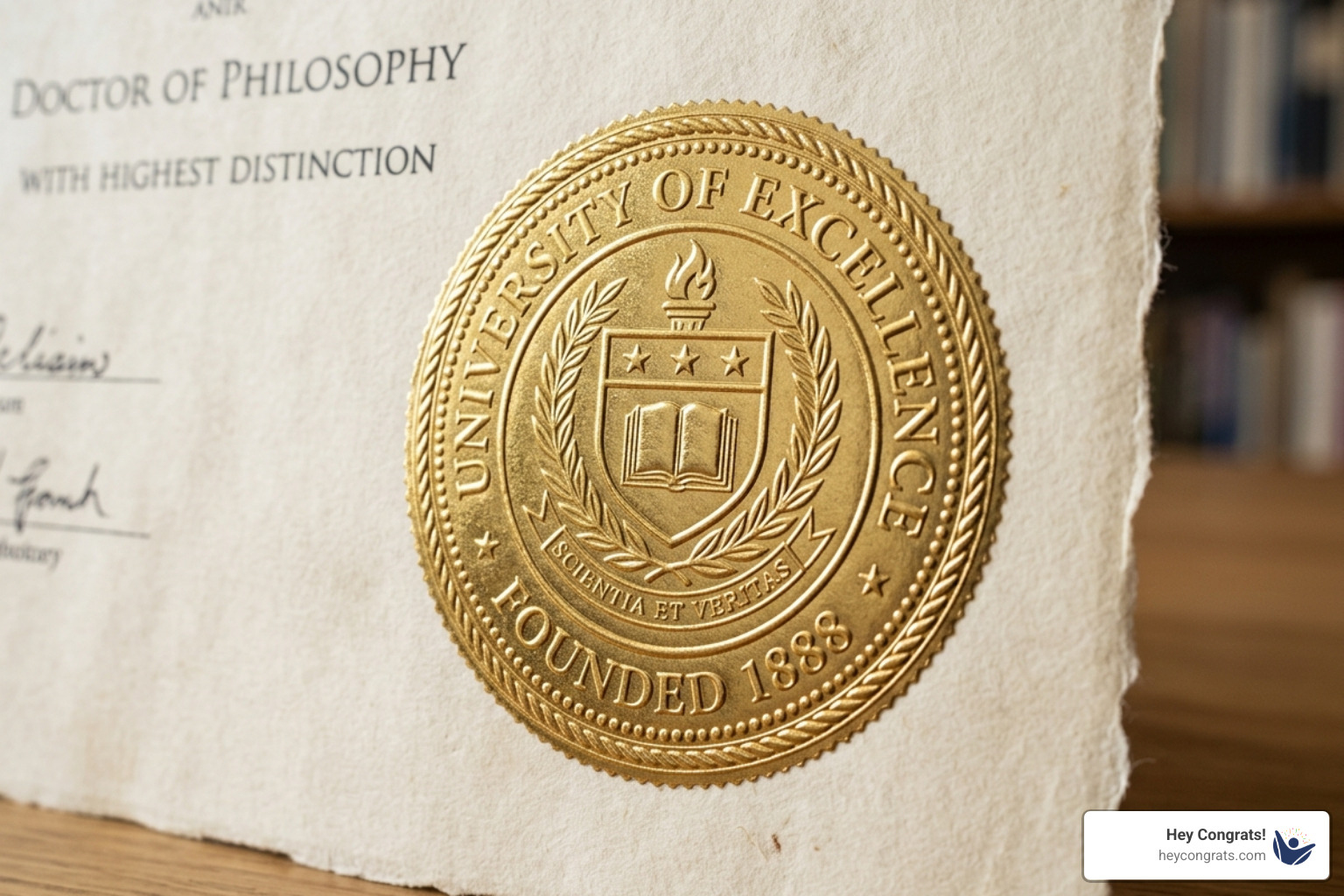 Close-up of a premium embossed gold seal on textured parchment - college degree replica embossed Close-up of a premium embossed gold seal on textured parchment - college degree replica embossed
