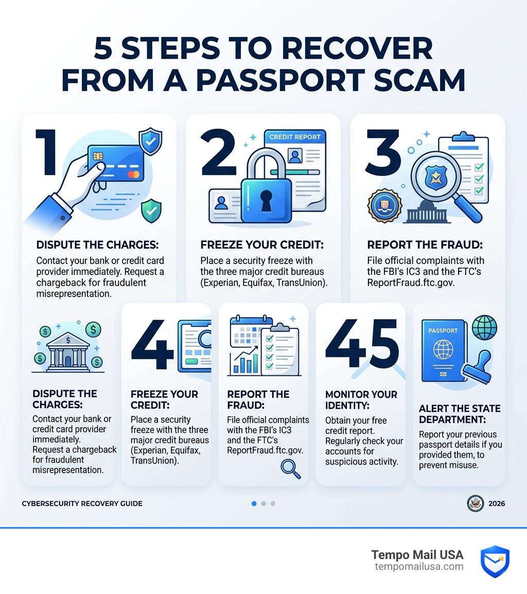 Infographic showing the 5 steps to recover from a passport scam - uspassportandvisa.org scam or legit infographic Infographic showing the 5 steps to recover from a passport scam - uspassportandvisa.org scam or legit infographic