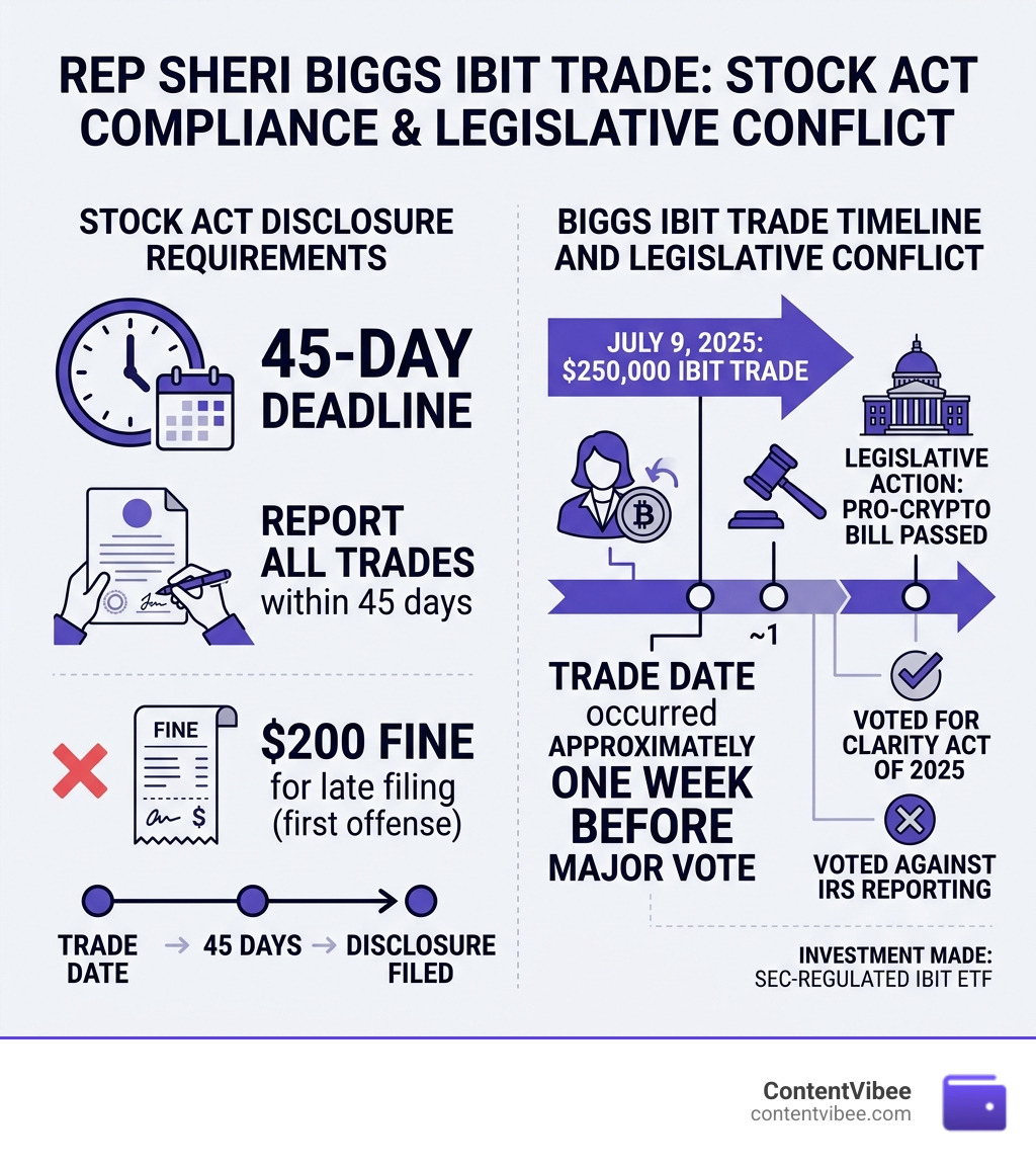 Infographic: STOCK Act disclosure requirements, 45-day deadline, $200 fine, Biggs IBIT trade timeline and legislative