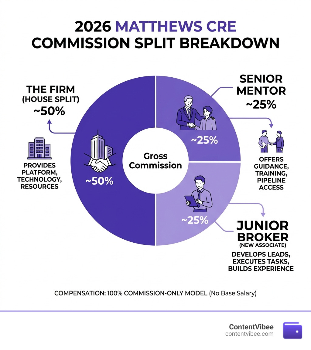 Infographic: 2026 Matthews CRE commission split breakdown junior broker senior mentor firm house take - Matthews Real Estate
