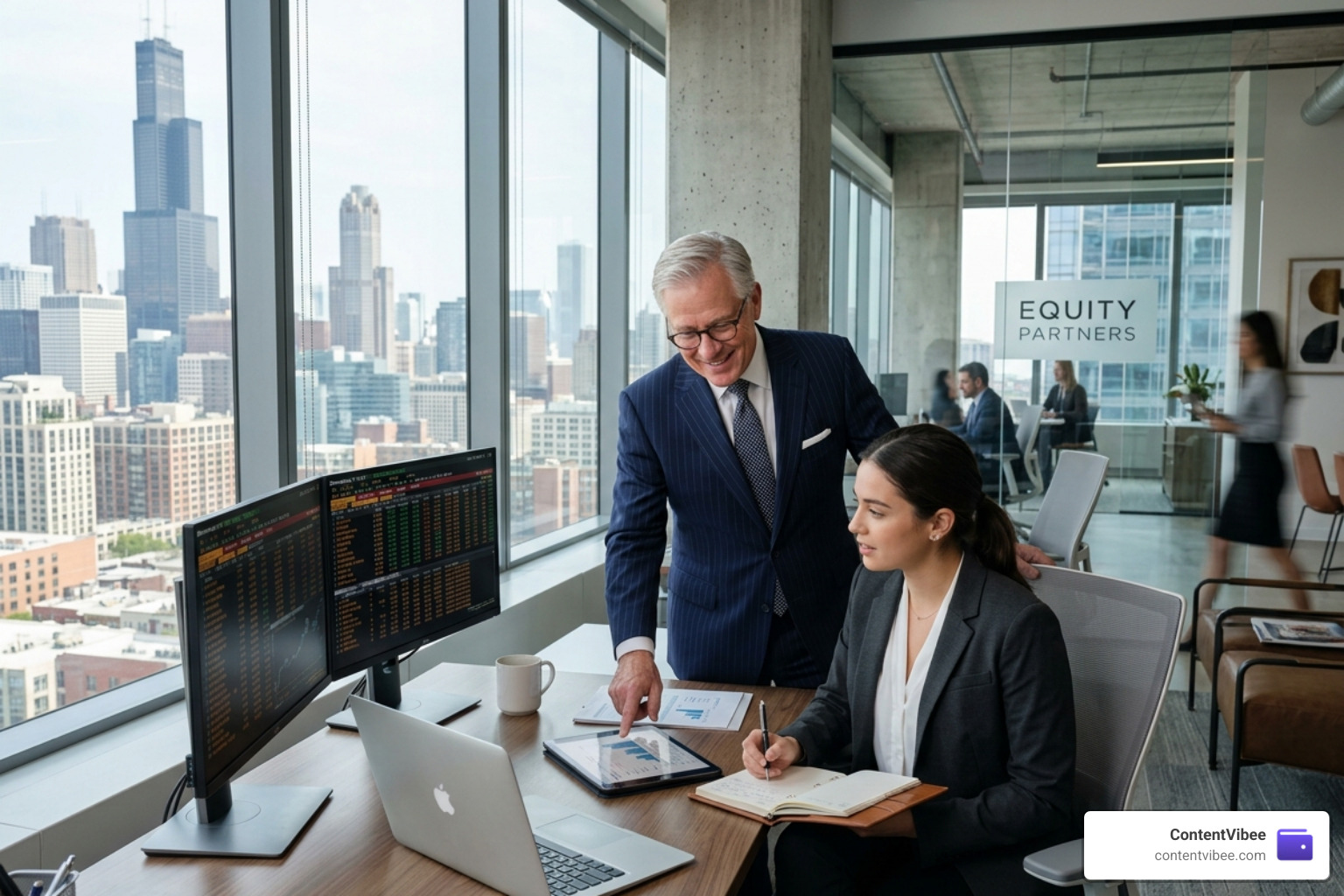 Senior broker coaching a junior associate in a modern office setting - Matthews Real Estate Investment Services Fees and