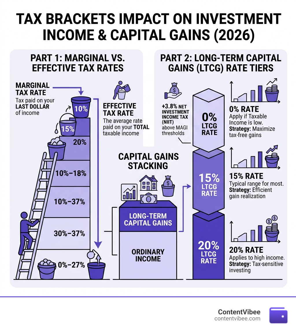 Infographic showing marginal vs effective tax rates and long-term capital gains rate tiers by income level - Tax Brackets