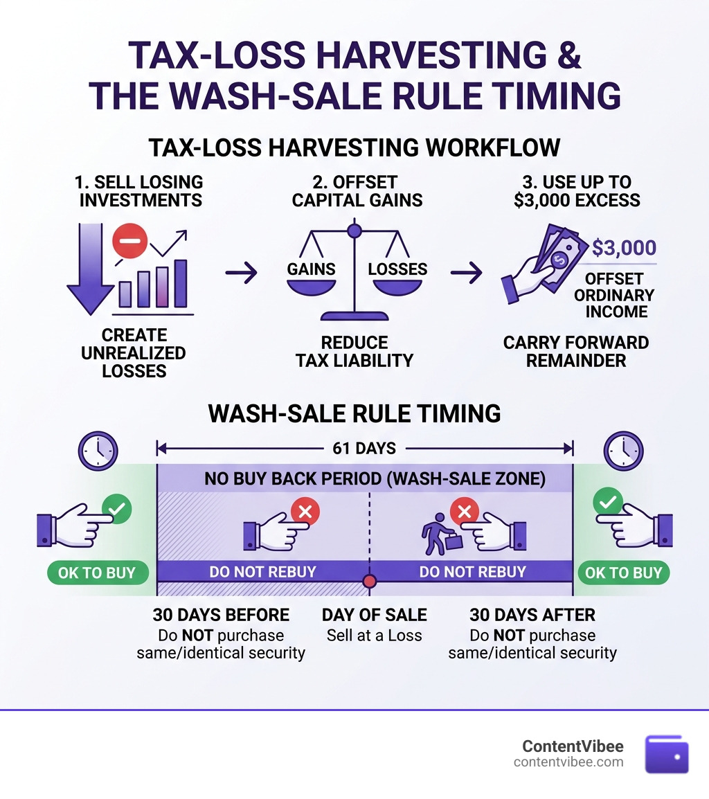 Infographic of the tax-loss harvesting workflow and wash-sale rule timing - Tax Brackets Impact on Investment Income and