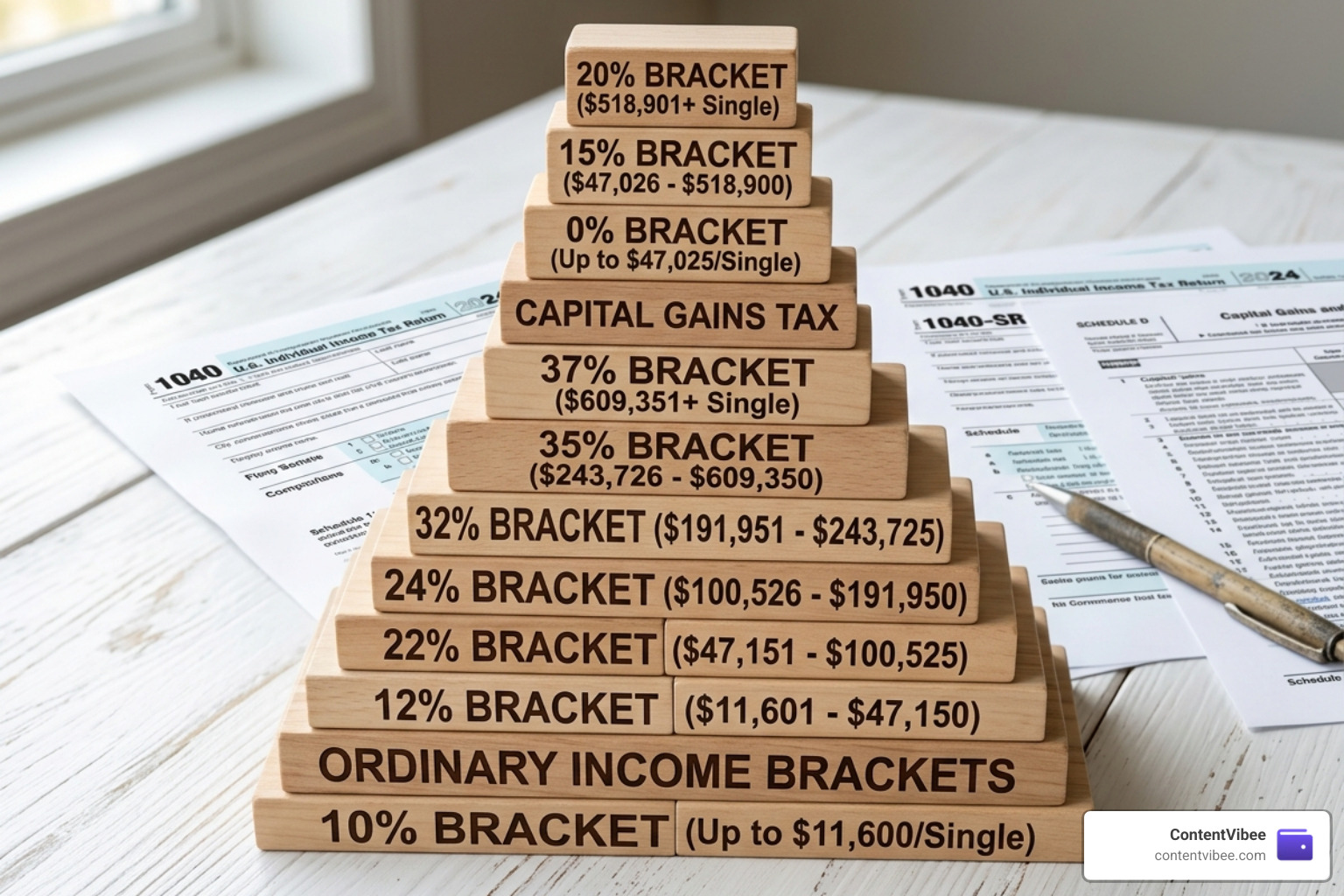 Visual representation of the capital gains stacking effect on top of ordinary income - Tax Brackets Impact on Investment