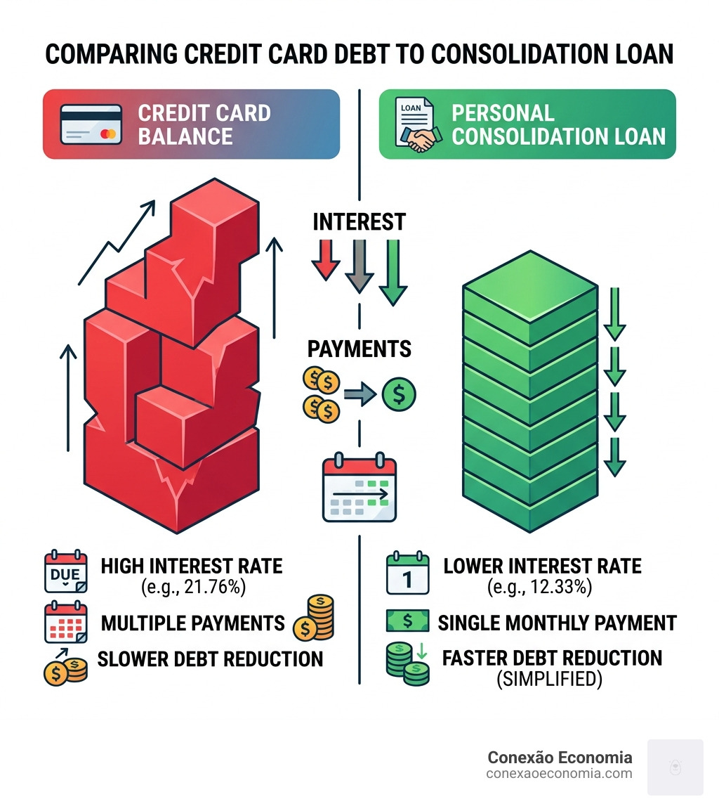 Infographic comparing a high-interest credit card balance to a lower-interest personal consolidation loan - best way to