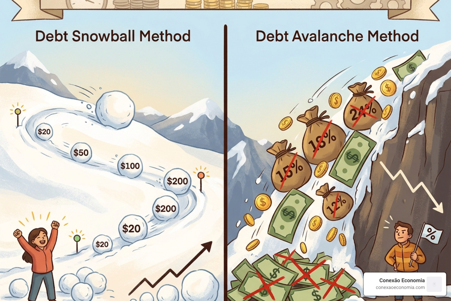 Illustration showing the difference between the debt snowball (small wins) and debt avalanche (interest savings) methods