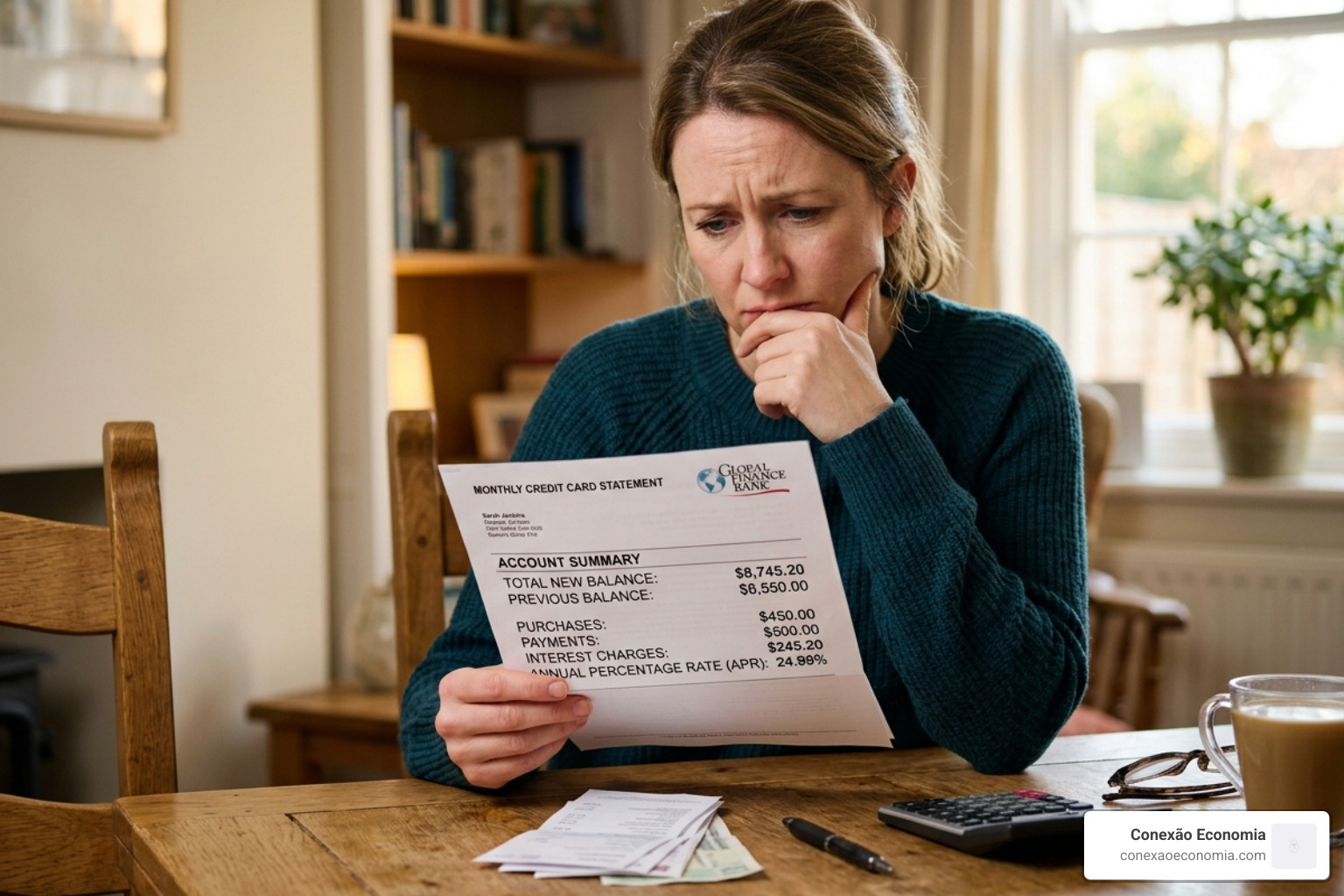 A person reviewing a credit card statement highlighting high interest charges and daily compounding fees - best way to