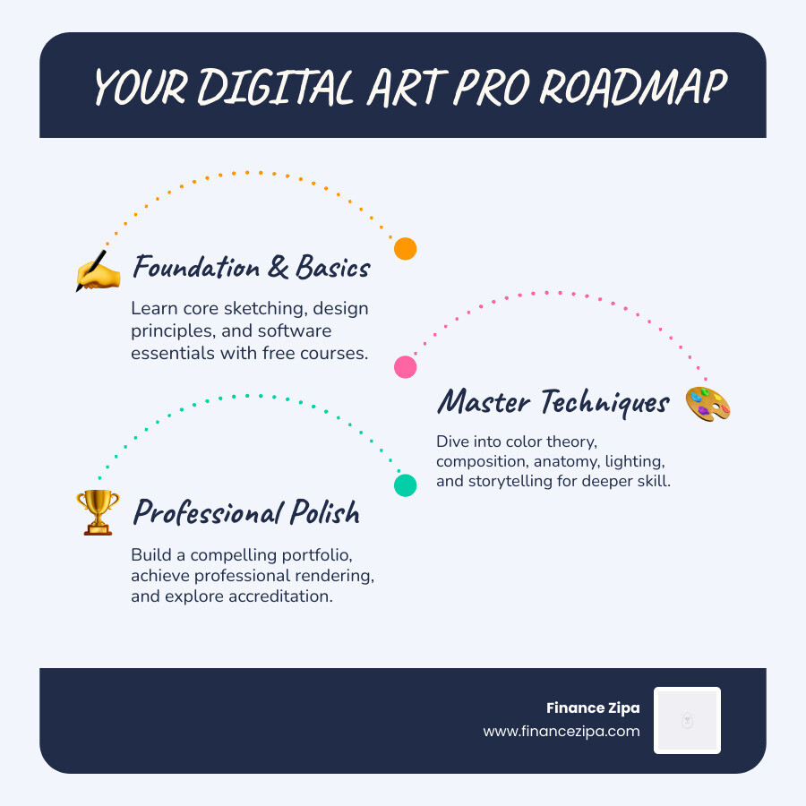 Roadmap from beginner to professional digital illustrator showing course stages and skill levels - digital art free courses