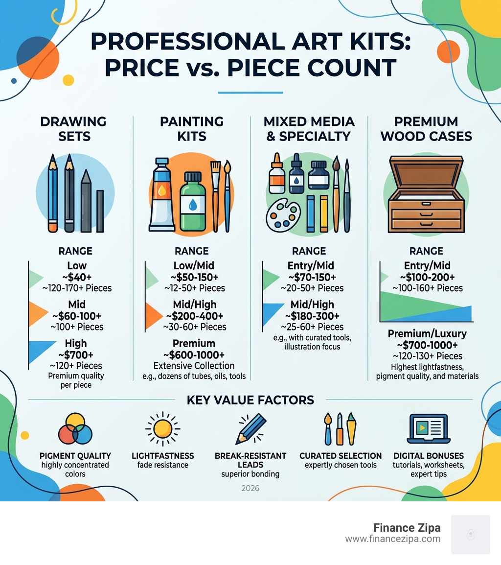 Comparison of professional art kit price points and piece counts - art kit professional infographic 