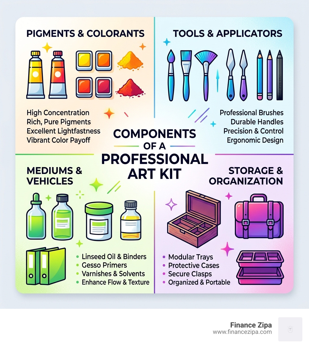Components of a professional art kit including pigments, tools, storage, and mediums - art kit professional infographic 