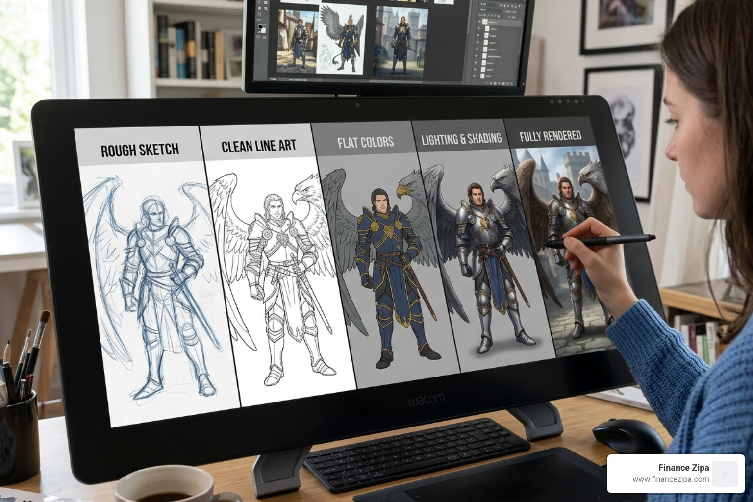 A complex character design showing the progression from sketch to layered lighting and final render - digital art free