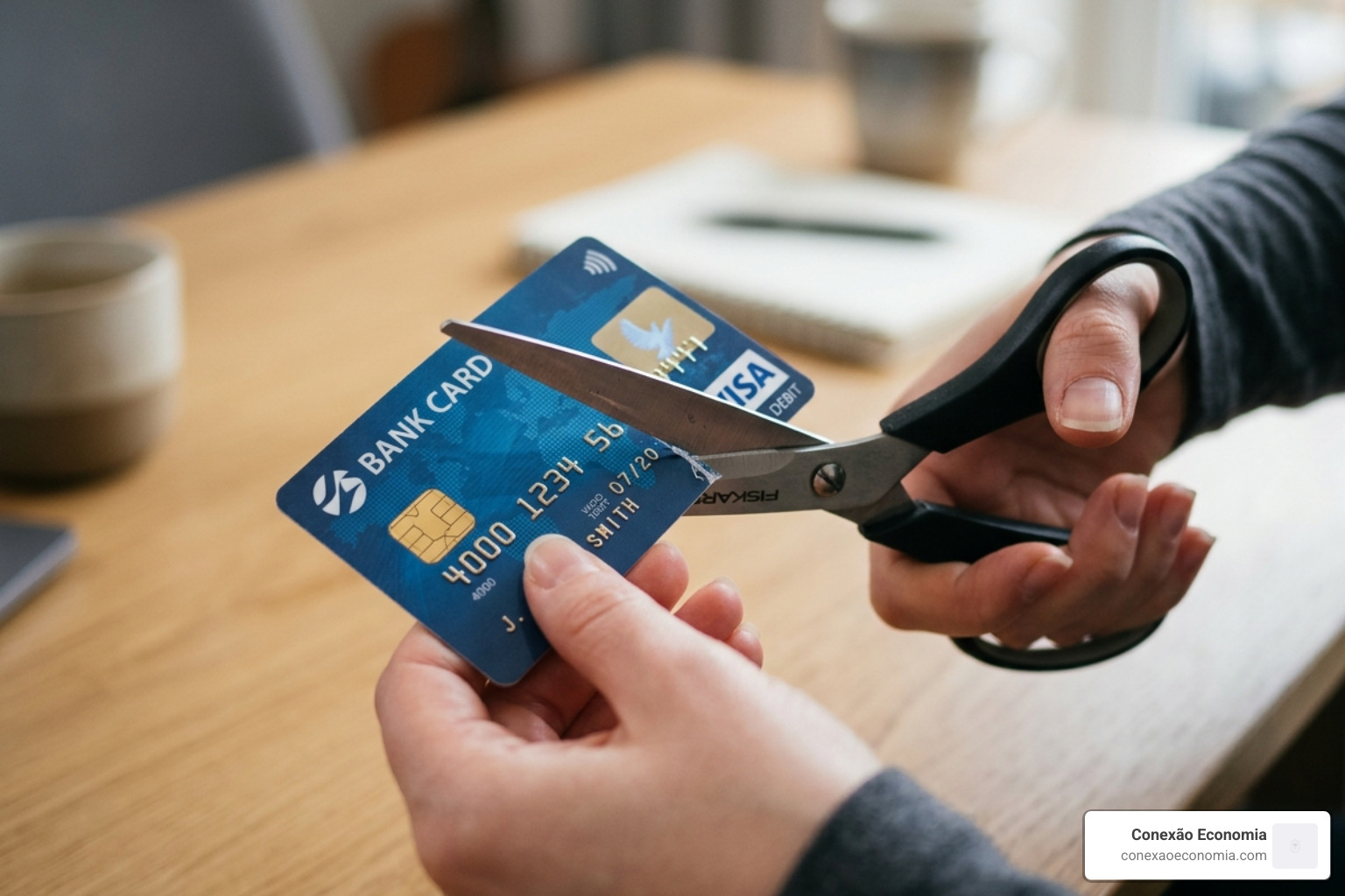 A person using a pair of scissors to cut a credit card in half - advice about personal finance A person using a pair of scissors to cut a credit card in half - advice about personal finance