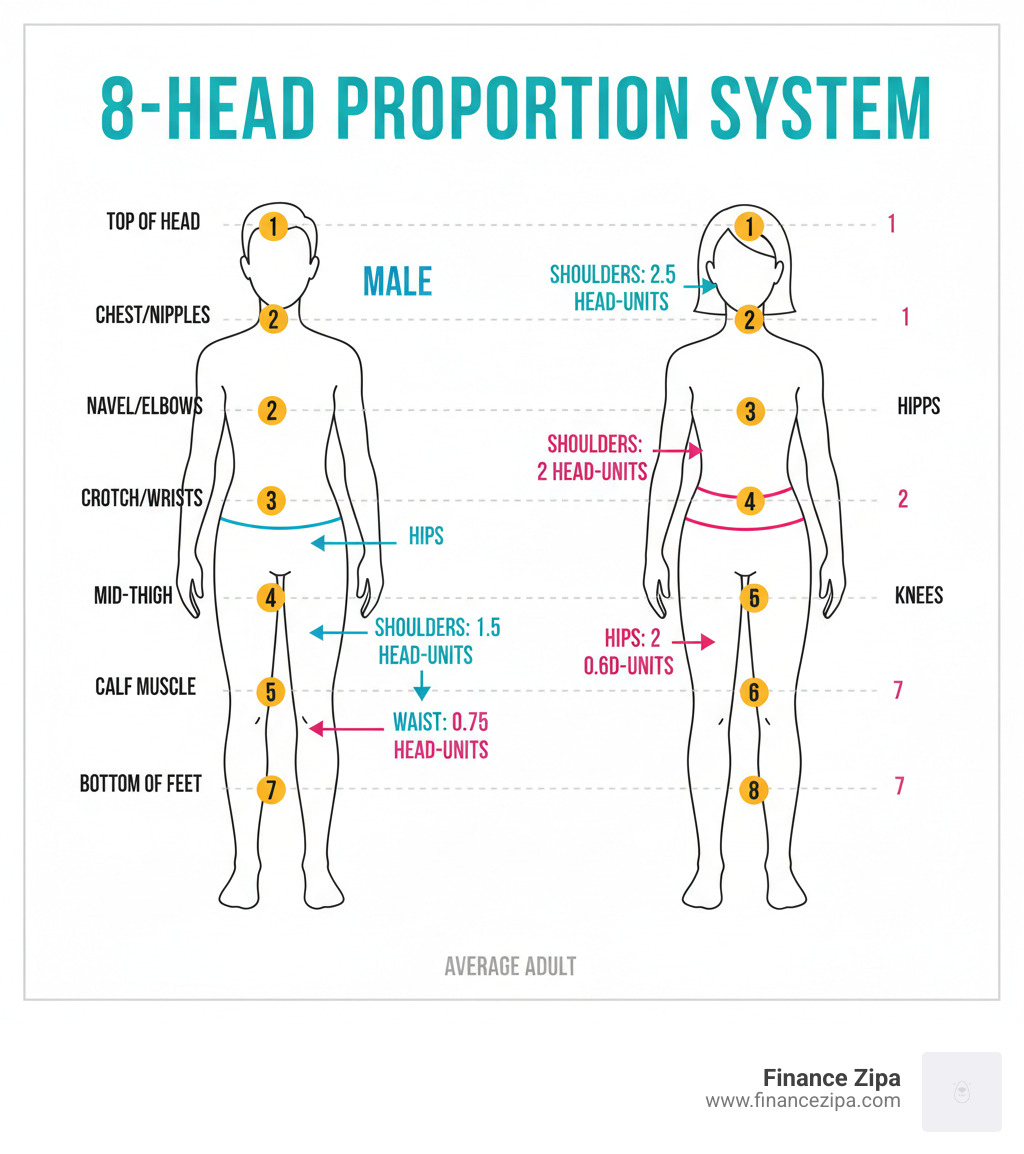 8-head proportion system showing body landmarks and male vs female measurements - procreate anatomy drawing tips infographic 