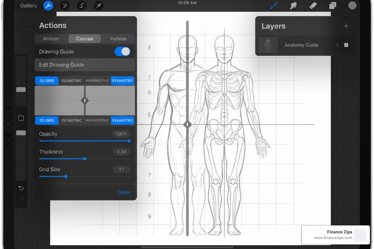 Procreate canvas settings showing drawing guides and symmetry tools - procreate anatomy drawing tips