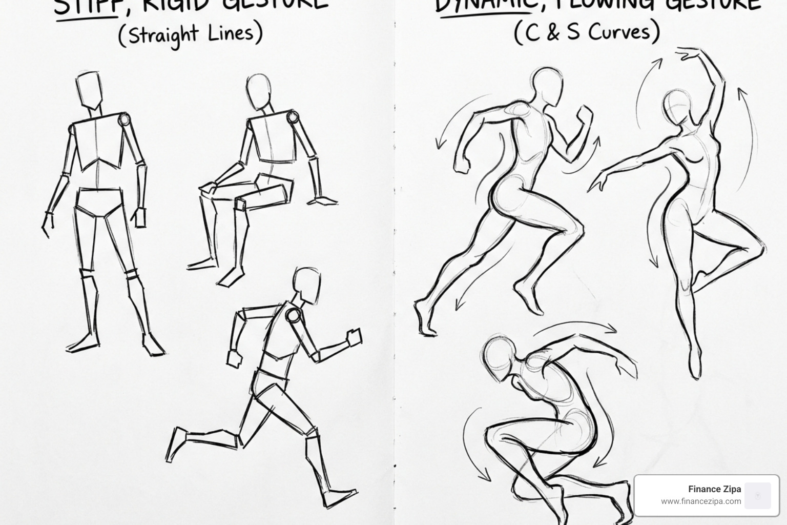 Comparison of gesture lines showing movement vs stiff outlines - procreate anatomy drawing tips