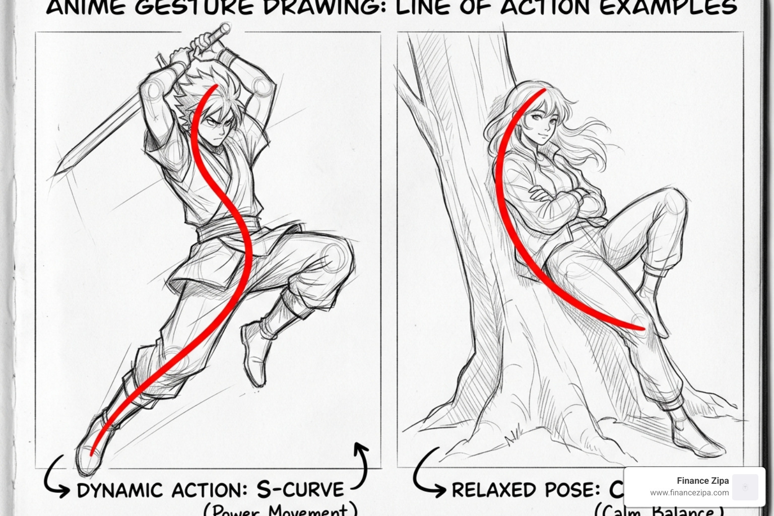 line of action and gesture drawing examples for dynamic anime posing - anime character design tips
