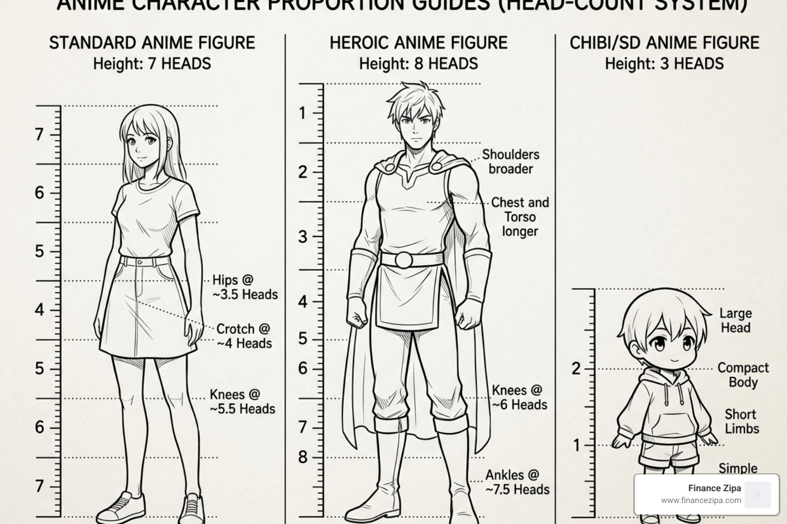 proportion charts showing head-count for standard, heroic, and chibi anime characters - anime character design tips