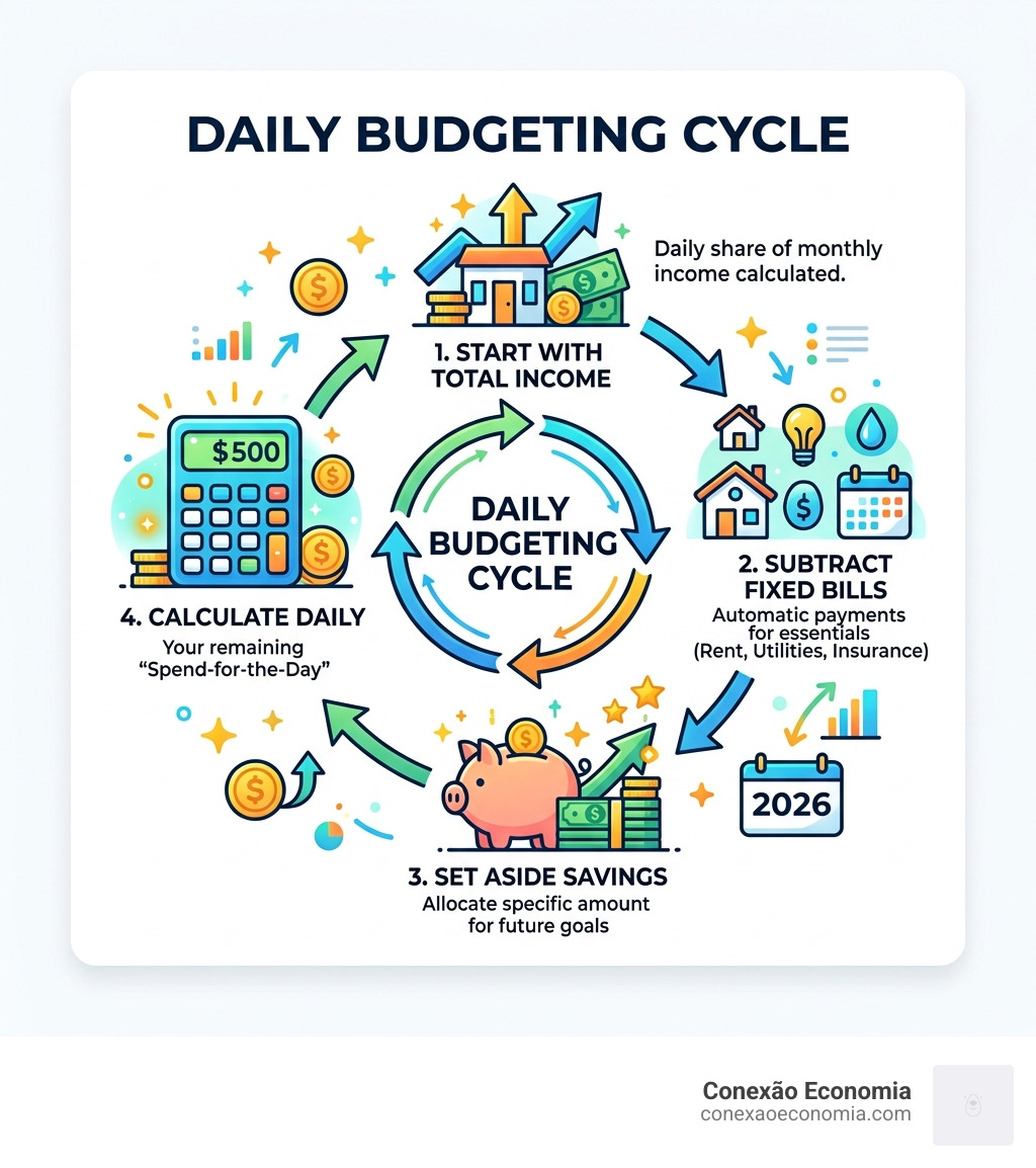 Daily budgeting cycle infographic showing income allocation, fixed bills, savings, and daily spending limit - daily budget