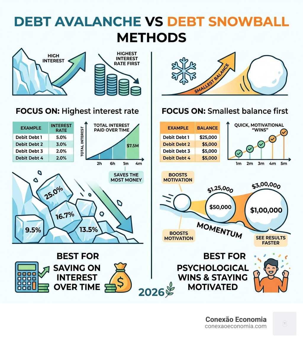infographic comparing debt avalanche vs debt snowball methods - improve financial literacy infographic 