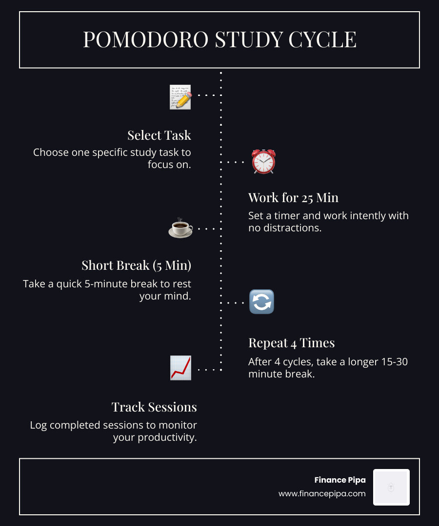 Infographic showing the 25/5 Pomodoro cycle with 4 sessions and a long break - pomodoro technique for studying infographic