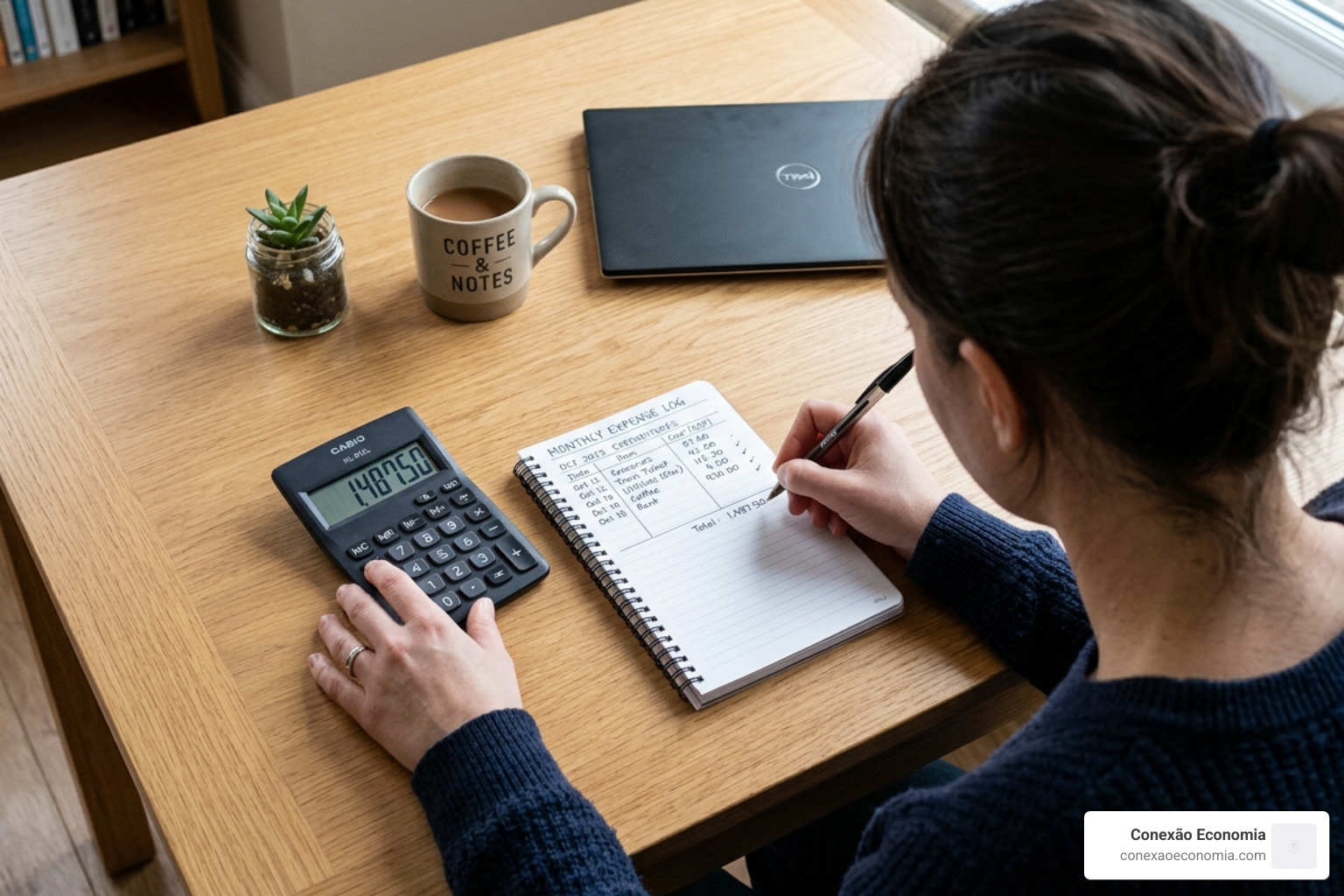 Person using a calculator and a notebook to plan their daily spend - daily budget planner