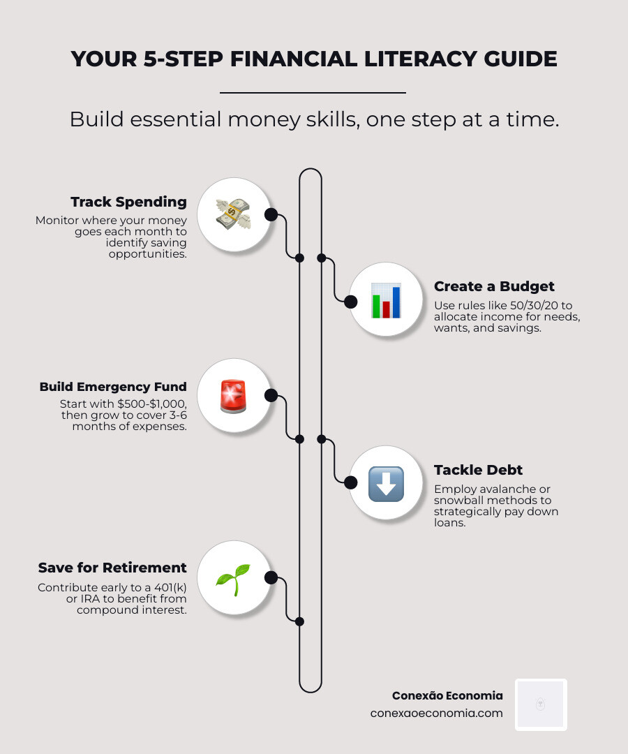 10-step infographic showing how to improve financial literacy from budgeting to retirement - improve financial literacy