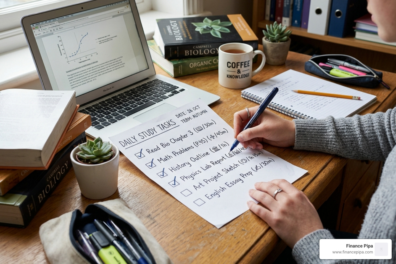 Checklist of study tasks mapped out by Pomodoro sessions - pomodoro technique for studying