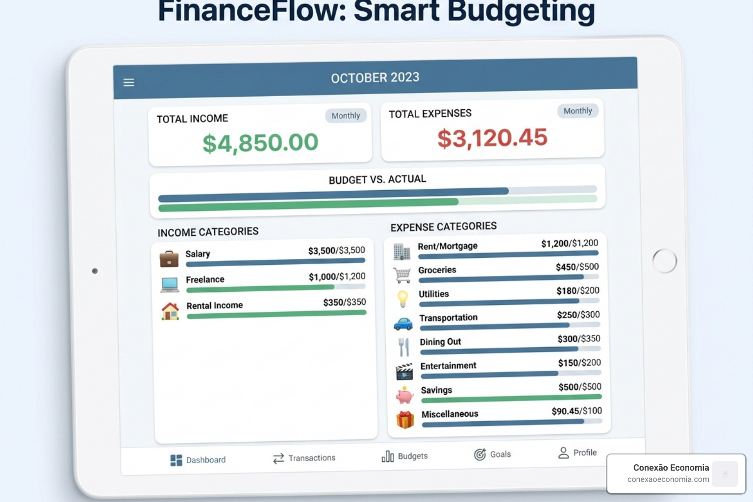 digital budgeting app interface showing income and expense categories - improve financial literacy
