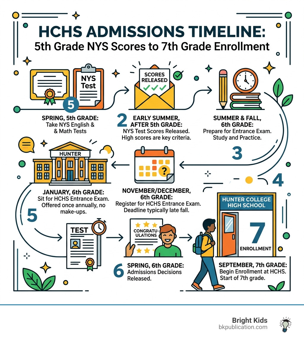 HCHS admissions timeline from 5th-grade NYS scores to 7th-grade enrollment at Hunter - HCHS NYC sample tests infographic HCHS admissions timeline from 5th-grade NYS scores to 7th-grade enrollment at Hunter - HCHS NYC sample tests infographic