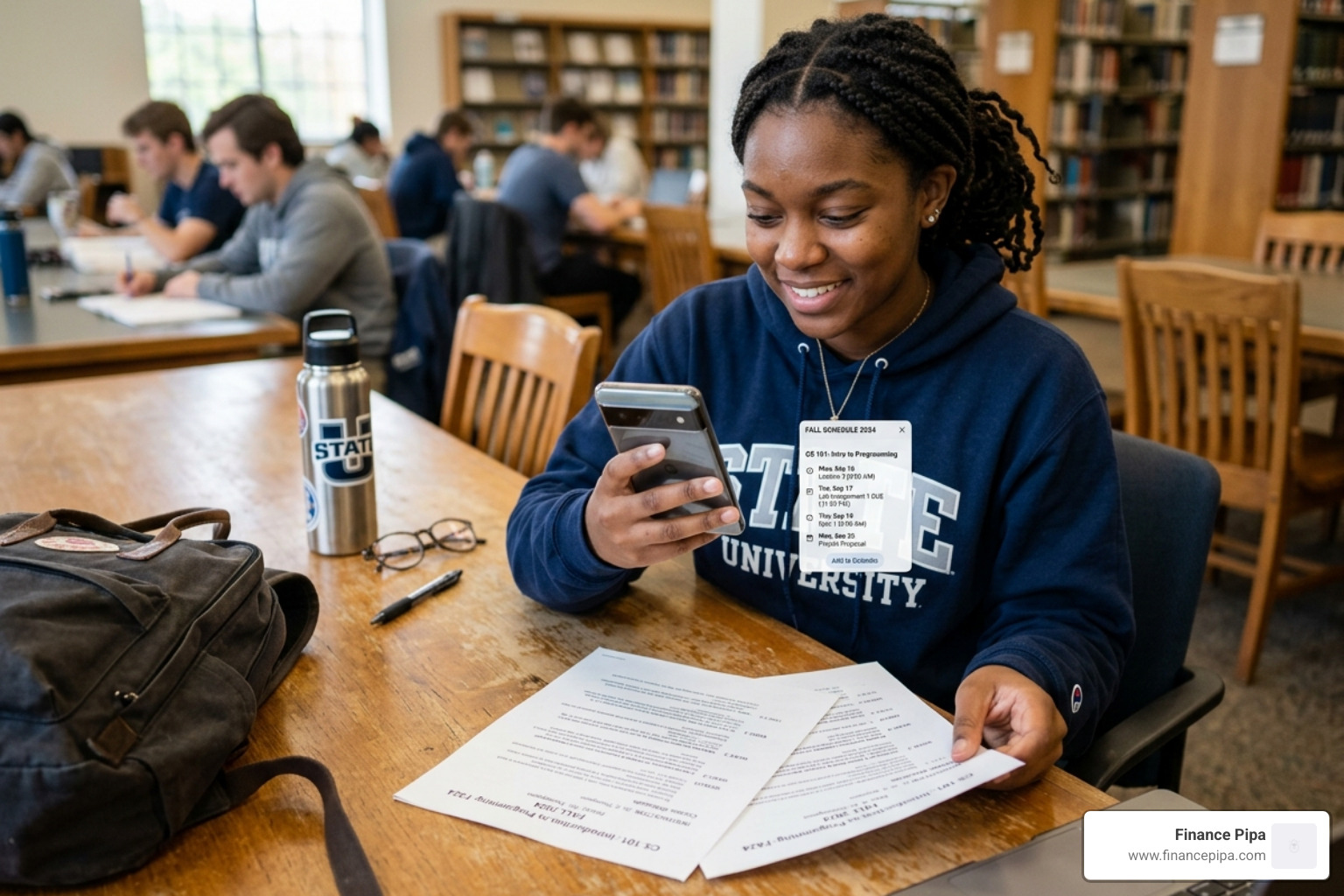 student using a smartphone to scan a paper syllabus which then converts into a digital schedule - planner app for exams