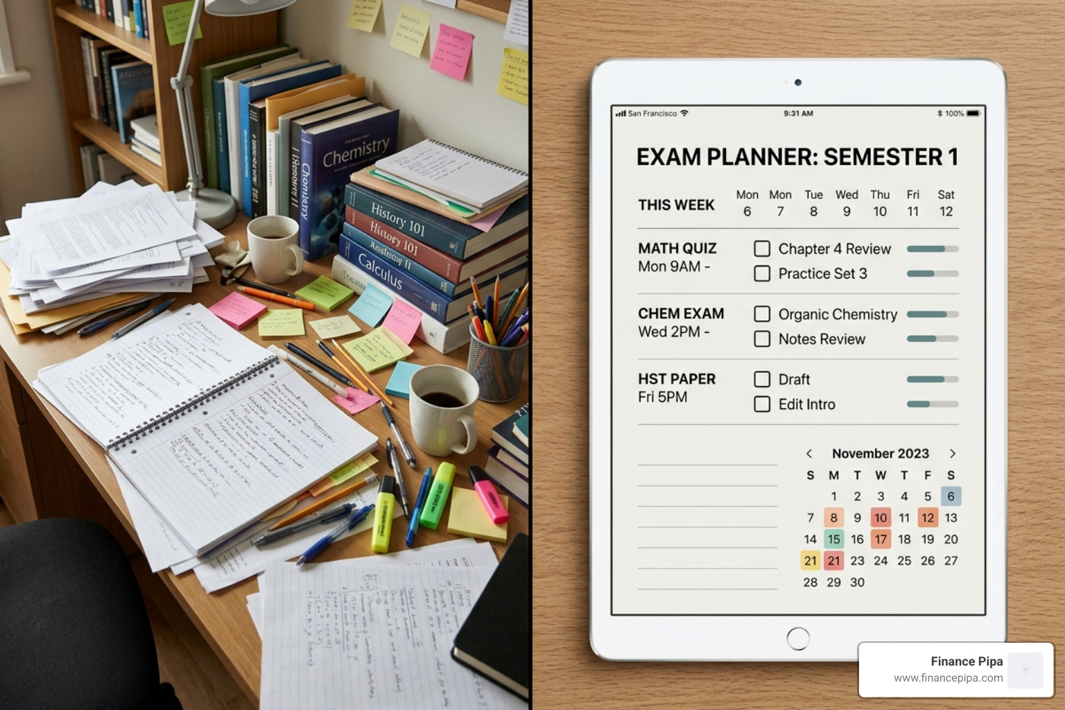 cluttered desk with scattered papers versus a clean organized digital interface on a tablet - planner app for exams