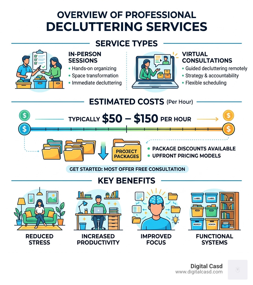 Overview of professional decluttering service types, costs, and benefits infographic - professional decluttering service