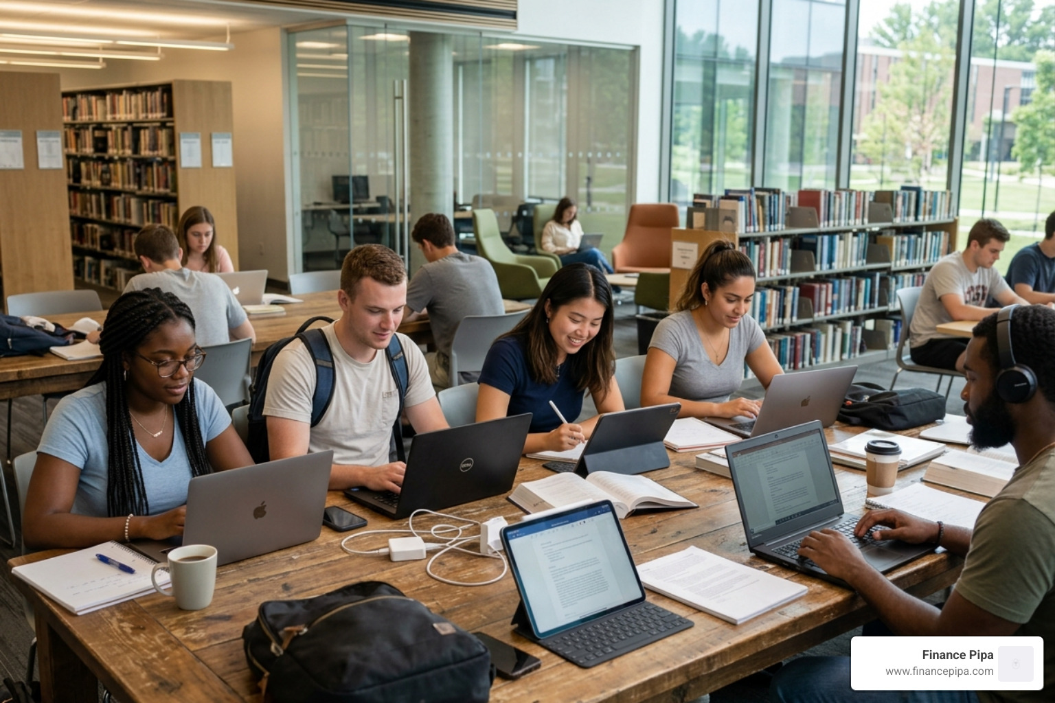 Different student personas using various devices like tablets and laptops in a modern library setting - planner app for exams