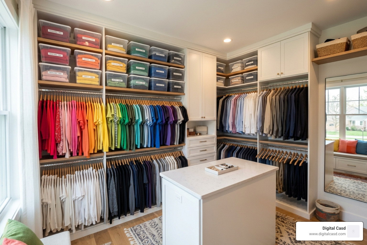 Color-coded closet with organized bins - professional decluttering service