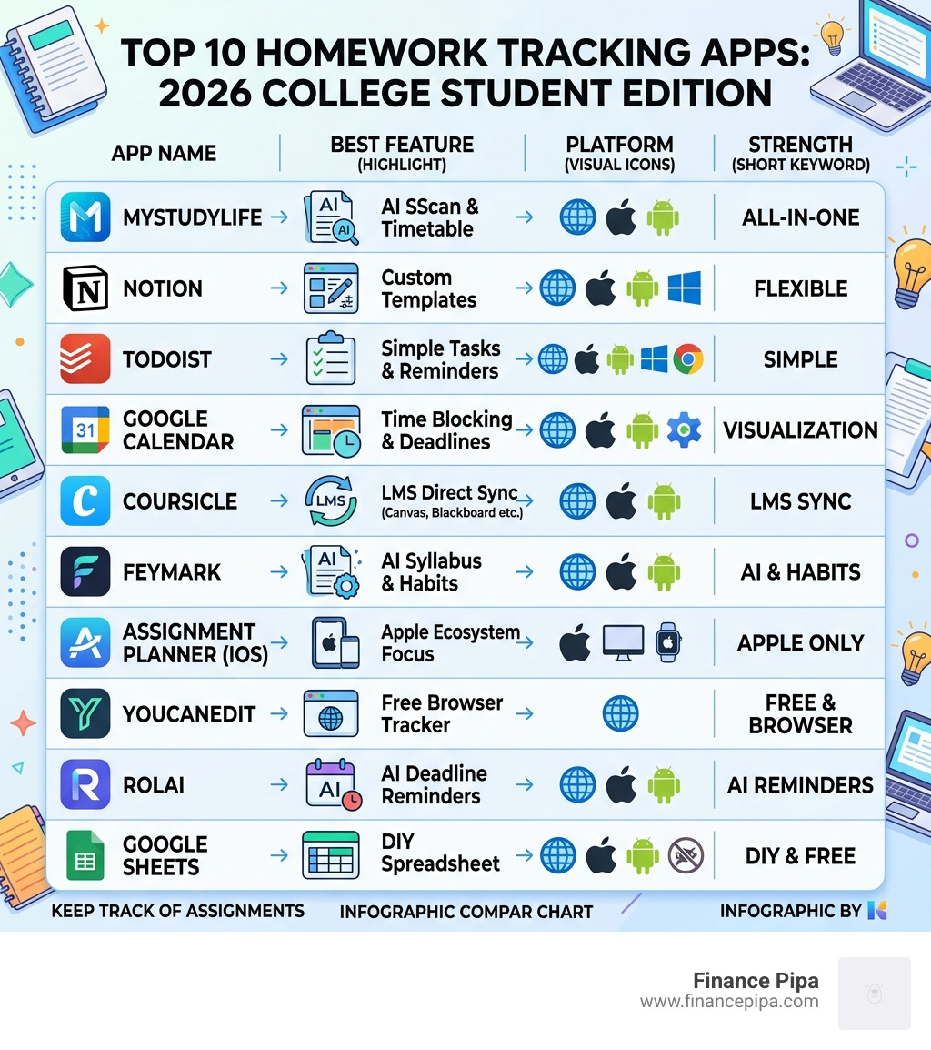 Top 10 homework tracking apps comparison infographic for college students in 2026 - keep track of assignments infographic 