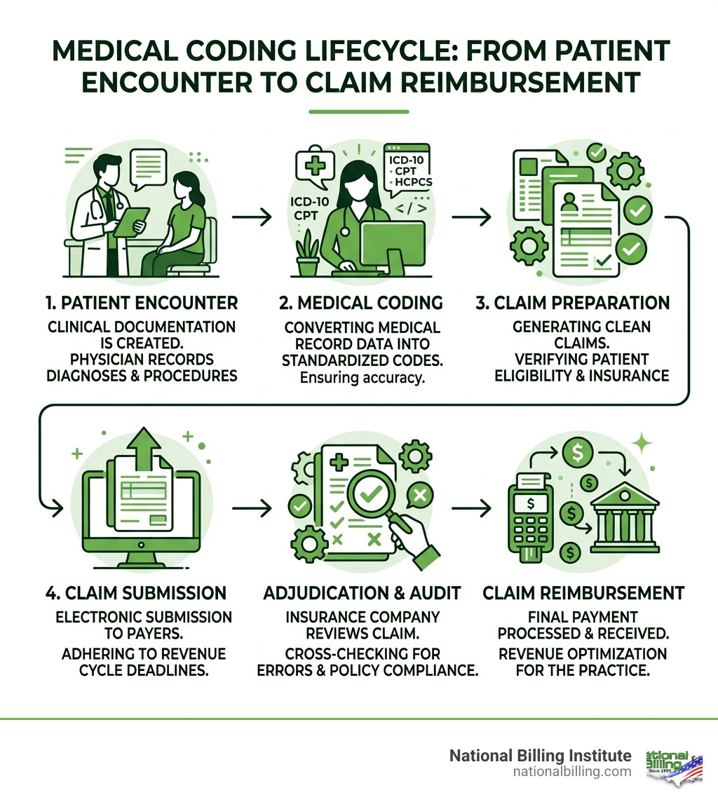 Medical coding lifecycle from patient encounter to claim reimbursement infographic - medical coding companies in us Medical coding lifecycle from patient encounter to claim reimbursement infographic - medical coding companies in us
