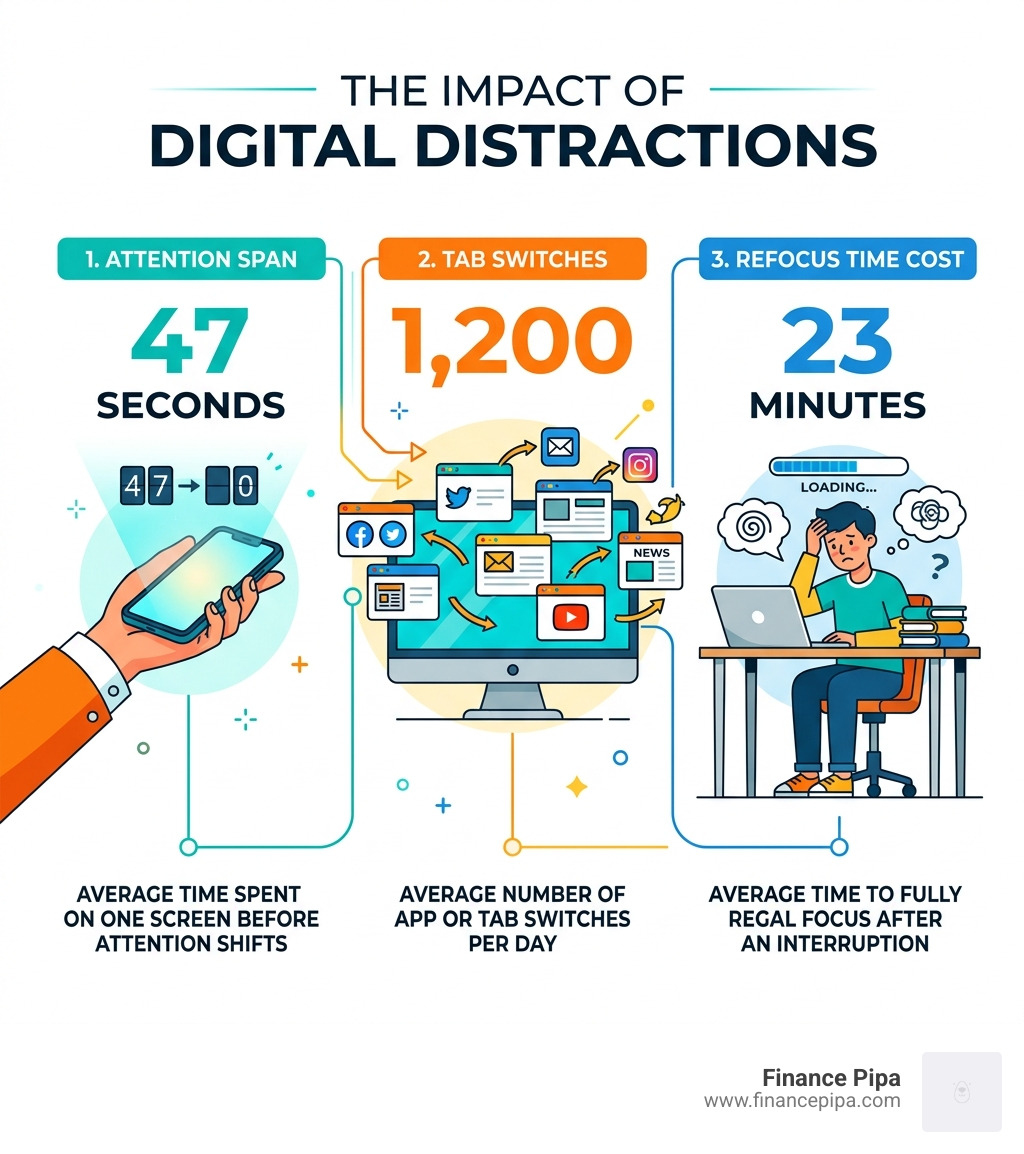 infographic showing 47-second attention span, 1200 daily tab switches, and 23-minute refocus time cost - anti