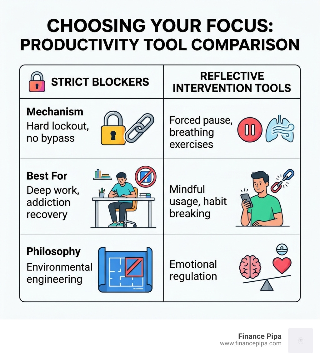 comparison table of strict blockers vs reflective intervention tools - anti procrastination software infographic 