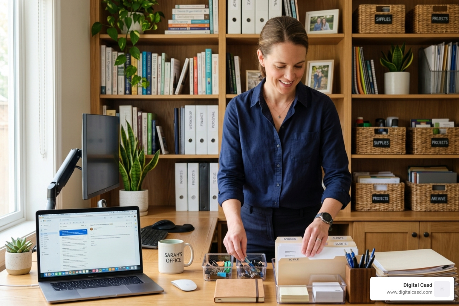 Professional organizer sorting items in a home office - professional decluttering service