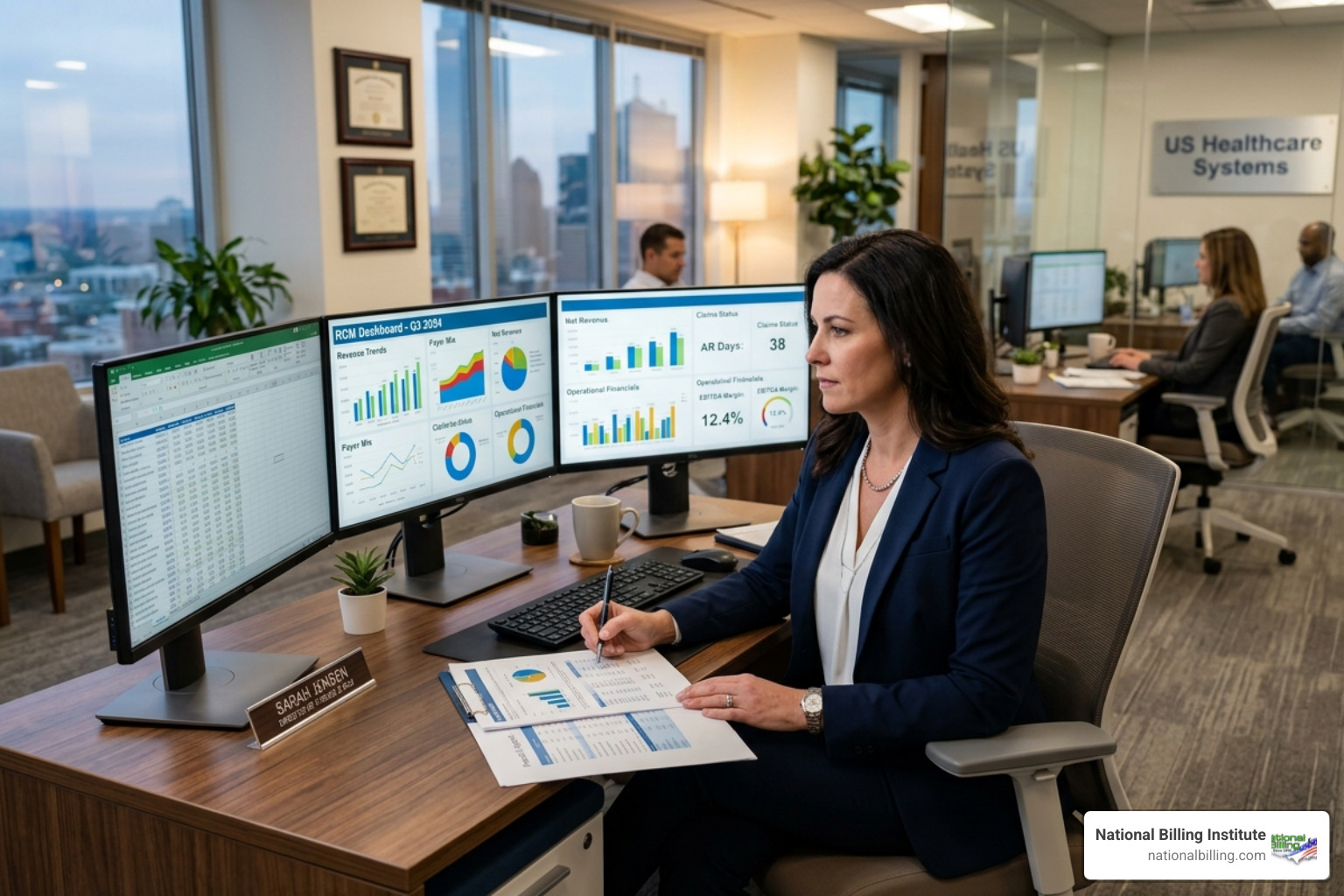 Healthcare administrator reviewing financial reports and RCM dashboards - medical coding companies in us Healthcare administrator reviewing financial reports and RCM dashboards - medical coding companies in us