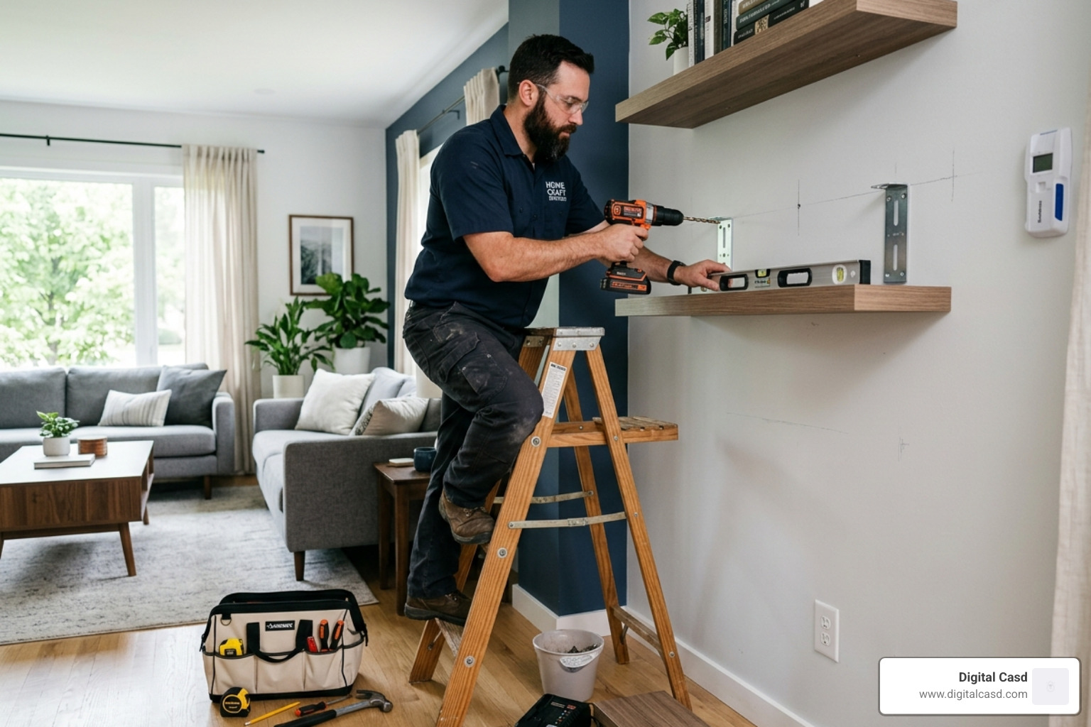 professional shelf installation showing level and drill - living room floating shelves