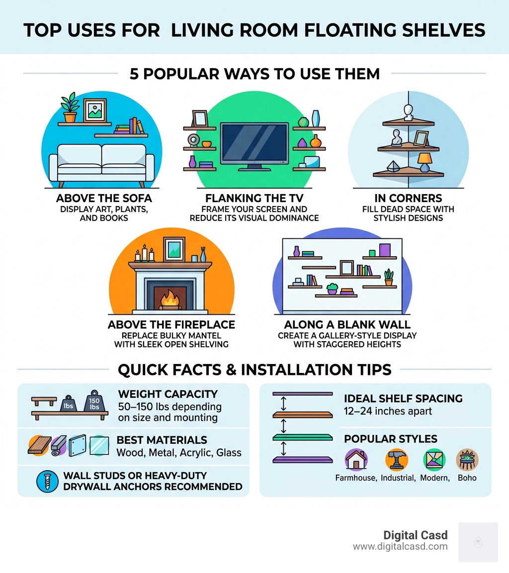 Infographic showing top uses for living room floating shelves with weight limits and spacing tips - living room floating