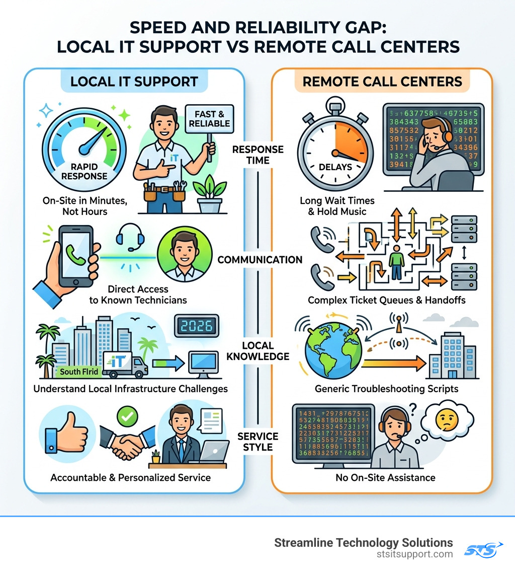 Speed and reliability gap between local IT support and remote call centers infographic - local it support infographic Speed and reliability gap between local IT support and remote call centers infographic - local it support infographic